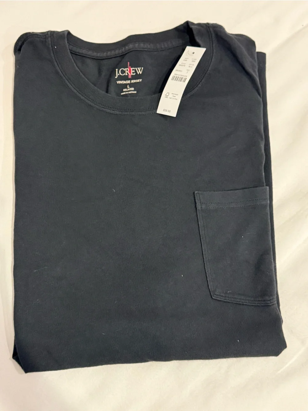 New w Tags J.Crew Mens Vintage Jersey Relaxed Cotton pocket T-shirt in Black Lrg